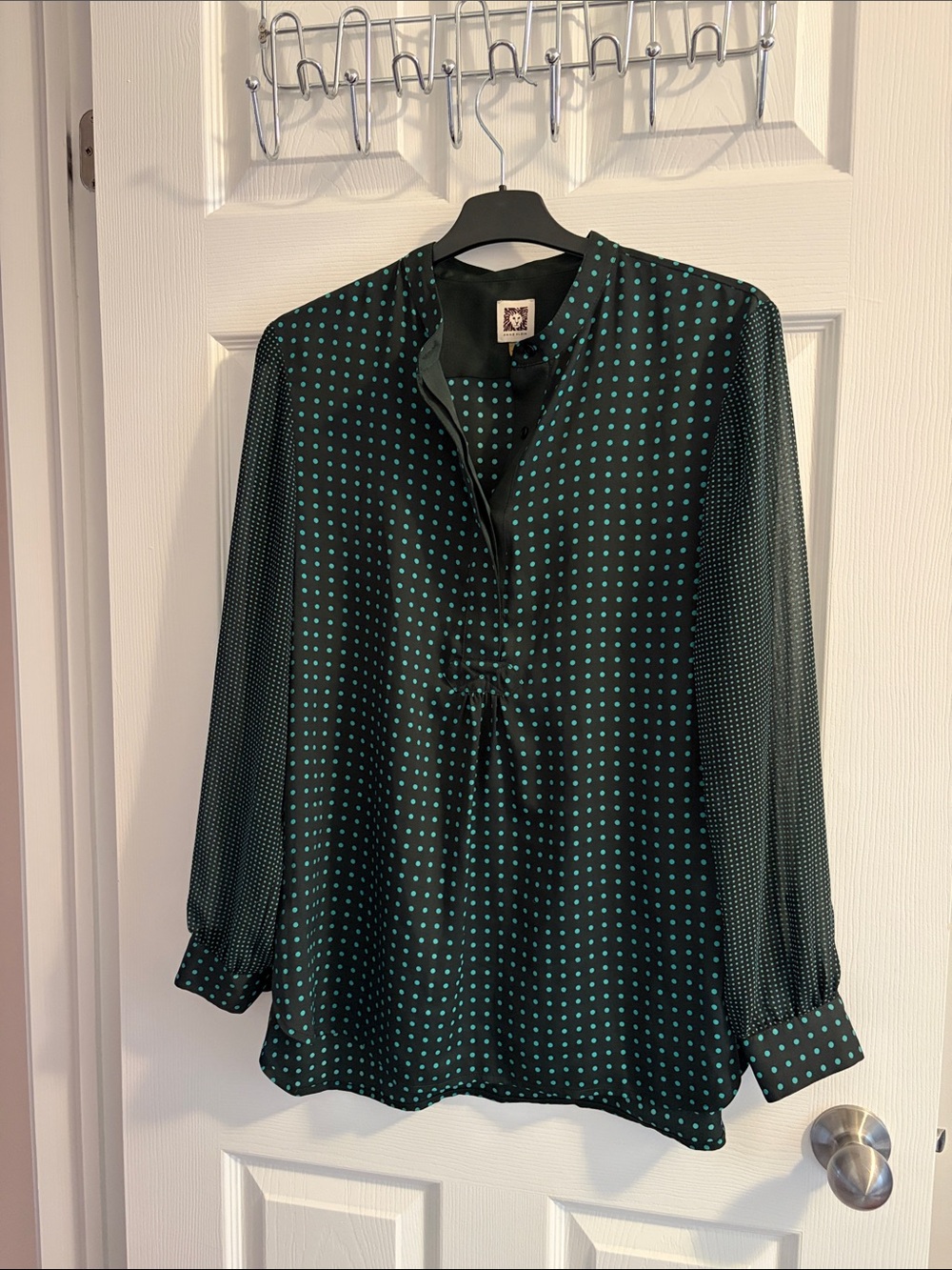 Anne Klein Black Blouse with Teal Dot Print